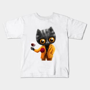 Cute cat in yellow jacket with wine Kids T-Shirt